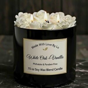 Big Ass Candle 70 Oz Jumbo Soy Candle topped with white roses & gold trim